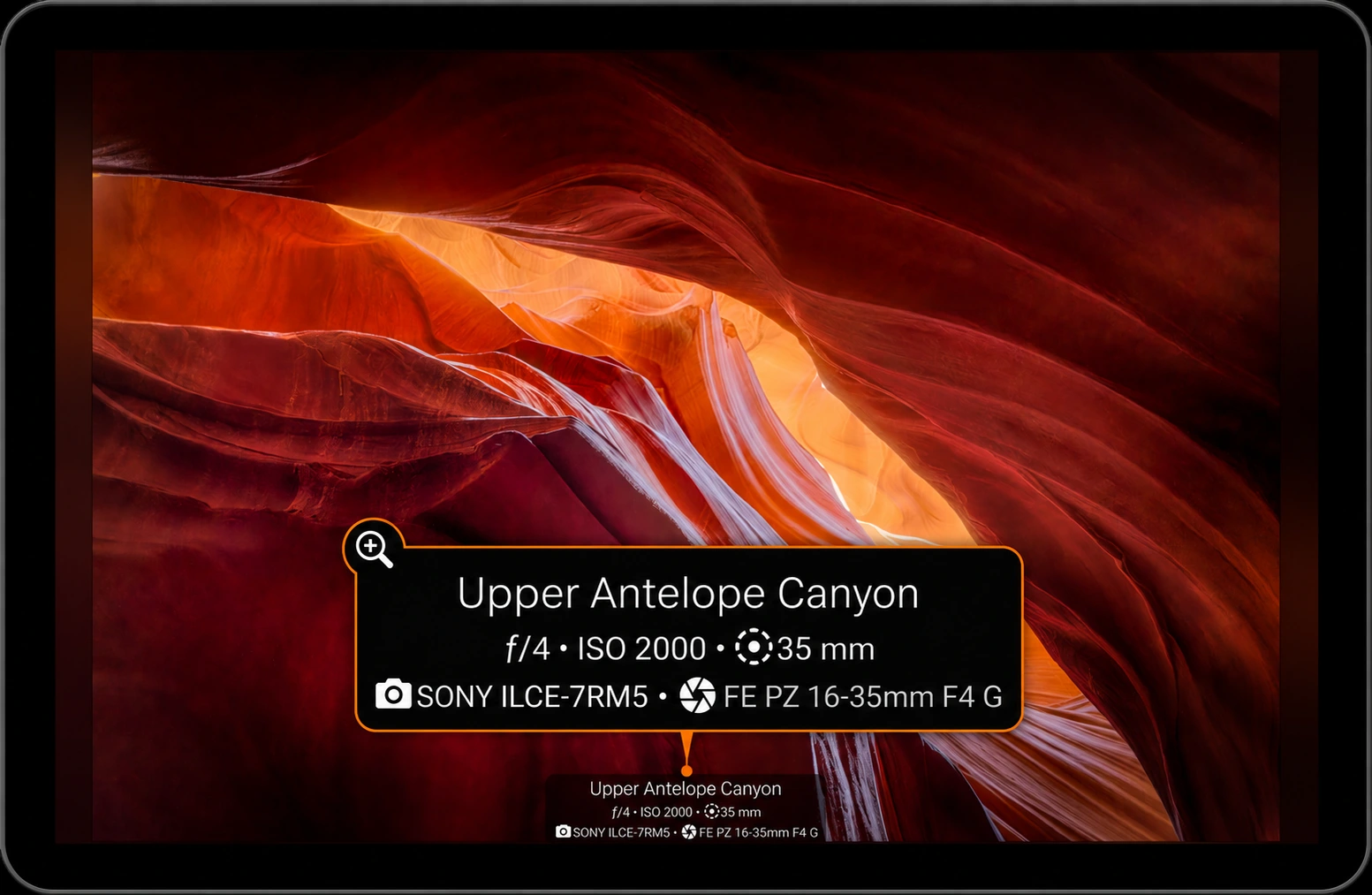 PhotoGuru displaying Upper Antelope Canyon with a magnified EXIF inset showing aperture, ISO, focal length, camera and lens information.