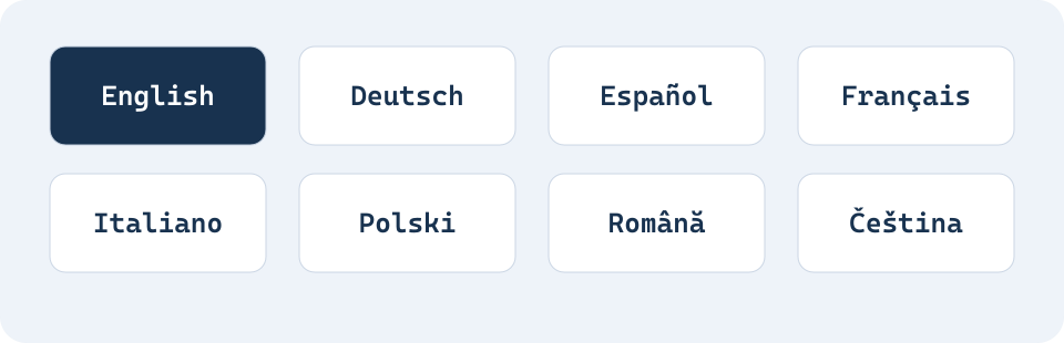 PhotoGuru interface languages: English, German, Spanish, French, Italian, Polish, Romanian, and Czech