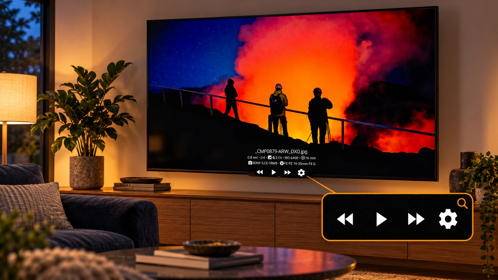 PhotoGuru displaying a volcano photograph on a living-room TV with a magnified inset of the playback controls.